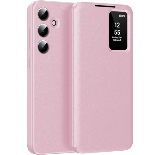 Coque Samsung S24 FE rabat portefeuille rose à fenêtre transparente