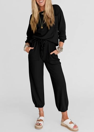 KIRUNDO Lounge Sets for Women 2025 Fall Travel Airport Outfits Ribbed Knit Tops Jogger Pants Tracksuit Postpartum Comfy Set4