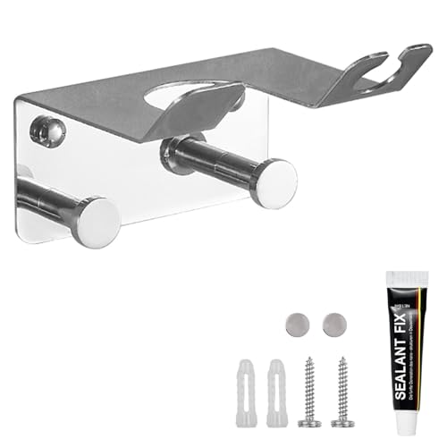 KLYKLL Soporte para Secador de Pelo, Soporte para Secador de Pelo sin Taladrar con Dos Ganchos, Multifuncional, Soporte Secador de Pelo Acero Inoxidable con Pegamento, Tornillos(Plata)