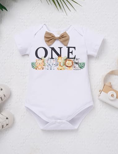OBEEII First Birthday Outfit Baby Boy Cake Smash Outfit Safari Zookeeper Animal Lion Bow Tie Romper + Suspender Shorts + Hat4