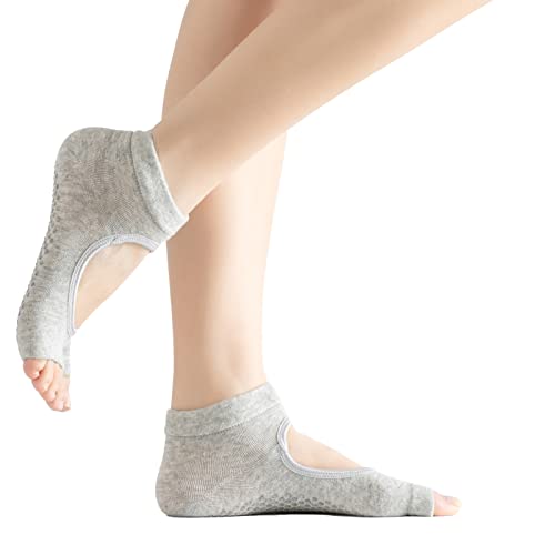 Image of Yoga Pilates Toe Socks Toeless Socks with Grips for Women Non Slip Cushioned Low Cut Ankle Socks for Dance