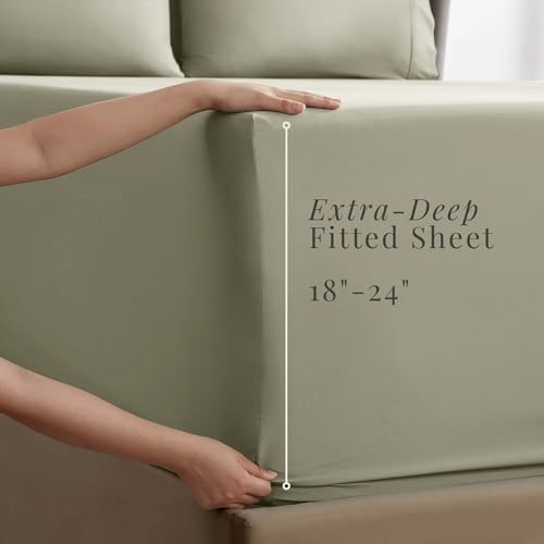 Image of Hearth & Harbor Extra Deep Pocket Sheets - Fits Mattress 18-24 Inches Deep - Extra Deep Pocket Split King Size Sets - 7 Piece Split King Size - Sage