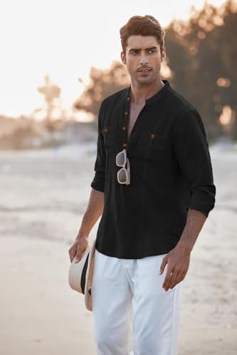 Image of Macsivo Cotton Blend Solid Casual Short Kurta for Men Long Sleeve Mandarin Collar Stylish Shirt Kurta for Men