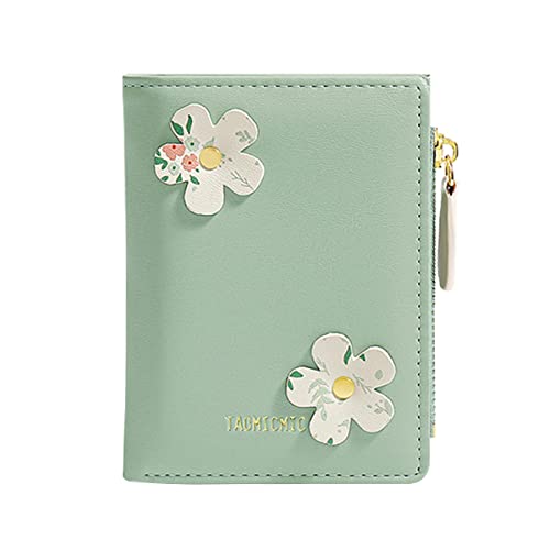 Fycyko Damen Geldbeutel, Klein Portemonnaie Damen PU Leder mit Blumen Portemonnaie Kleine Brieftasche Geldbörse Für Frauen, mit Reißverschlusstasche Mehreren Fächern Kartenetui Geschenke - Grün Cover