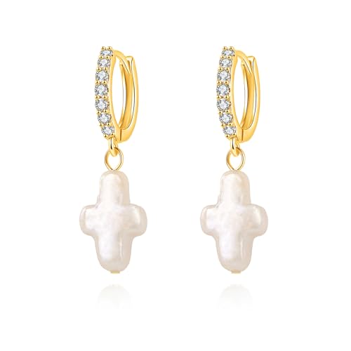 Cross Baroque Pearl Earring Freshwater Pearls Huggies Earrings Cross Pearl Earrings for Women