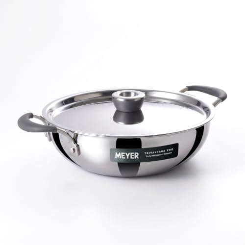 Image of Meyer Trivantage Pro Stainless Steel Triply Kadai | Steel Kadhai with Lid | Stainless Steel Cookware with Induction Base | 28cm /4.9L