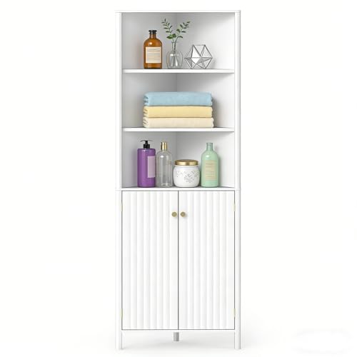 LIFEZEAL Mueble de baño esquinero para Ahorrar Espacio, Armario de baño de Esquina, 58 x 32 x 172,5 cm, aparador de Cocina, despensa, con estantes Ajustables, 5 Compartimentos, 2 Puertas (Blanco)