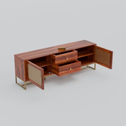 Image of Sheesham Wooden TV Cabinet for Living Room 65+ inch - TV Table for Living Room Entertainment Unit - Solid Wood TV Unit for Livingroom 65 Inch with 2 Drawers & 4 Shelves