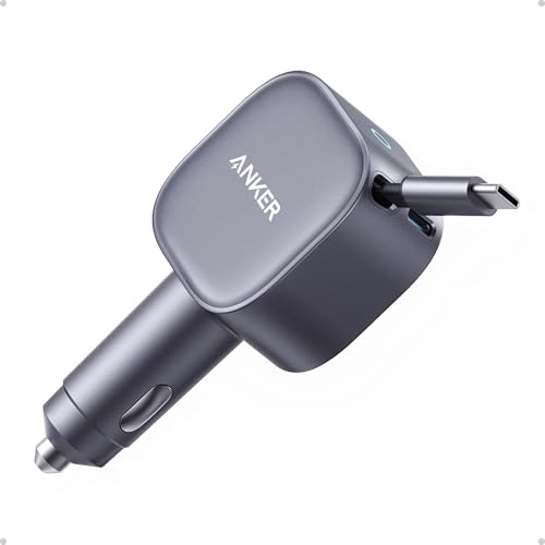 Anker USB-C Car Charger 75W Max Ultra-Compact Type-C Fast Car Charger with Built-In Retractable Cable Car Adapter for iPhone 17/16 Series Samsung S26/S25/S24 MacBookPro/Air iPad and More