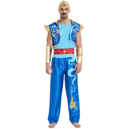 WAZHAKU Aladin Kostüm Herren Erwachsenenkostüm mit Kopfbedeckung Arabischer Weste Aladdinhose Männer Fasching Halloween Kostüm Flaschengeist Cosplay Mottoparty Outfit Faschingskostüme