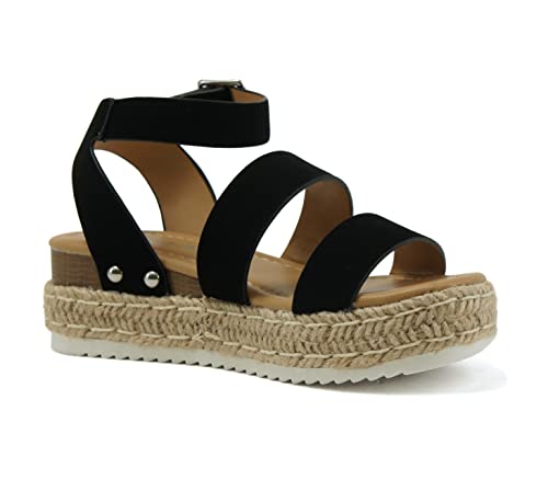 Image of Soda BRYCE-2 Kids /Children /Girls Open Toe Two Bands Espadrille Jute Platform Wedge Casual Fashion Flatform Sandals with Buckle Ankle Strap