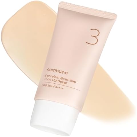 numbuzin No.3 Porcelain Base-skip Tone Up Beige | SPF50+ PA++++ | Lightweight, Hydrating | Zinc Oxide, Niacinamide | Sheer, Natural Finish, Evens Skin Tone | Korean Skincare 1.69 fl. oz. Cover
