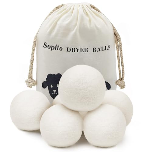 Tumble Dryer Balls, Sopito 6pcs XL Wool Dryer Balls for Laundry to Reduce Drying Time, Wrinkles and Static, Soften Fabric, Reduce Tangle and Make Clothes Fluffy, with Premium Natural Wool