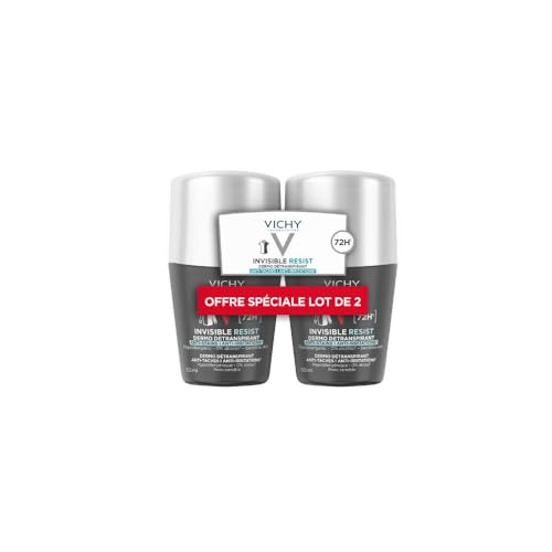 Vichy Uomo Invisible Resist, Deodorante Roll-On, Deodorante ad Efficienza Lunga Durata 72 H, Anti-Macchie Gialle e Bianche, Adatto per pelli sensibili, Confezione da 2 x 50 ml