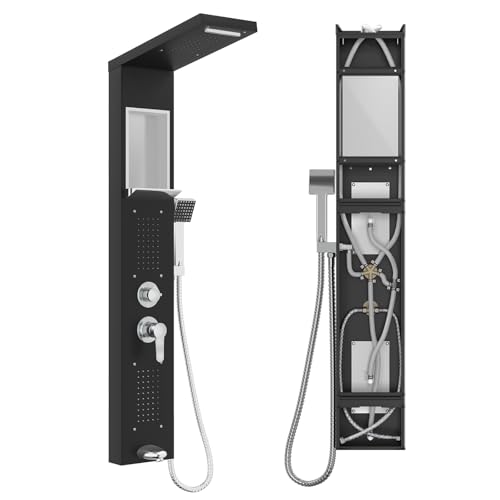 NAIZY Panel de ducha con grifo, sistema de ducha 5 en 1 con estante integrado, juego de ducha multifuncional, incluye ducha de mano, ducha de masaje, ducha de cascada, grifo de ducha de lluvia, juego