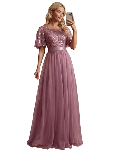 Image of Ever-Pretty Sequin Formal Prom Dresses for Women Ruffle Sleeves Empire Waist A-Line Long Mother of Bride Dress 00904