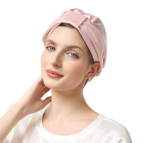 THXSILK 100% Mulberry Silk Bonnet for Sleeping Women Hair Wrap Hair Cap for Women Long Curly Hair Silk Sleep Bonnet with Square Buckle Design, Charming Pink