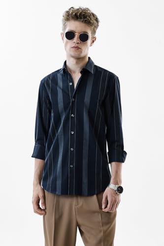 Image of SNITCH Men's Casual Luxe Shirt | Slim Fit Full Sleeve Classic Collar Striped Design | Premium Cotton Blend & Breathable Fabric for Everyday & Semi-Formal Wear