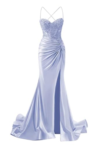 SOLODISH Satin Prom Dresses for Women Spaghetti Straps Lace Applique Corset Mermaid Formal Evening Gown4