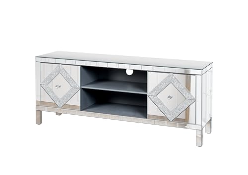 XIAOSENLIN Mirrored TV Stand with Sparkling Crushed Diamond for 55 Inch TV, Modern Entertainment Center with Storage Cabinets and Adjustable Shelf Media Console for Living Room Bedroom (47" A)