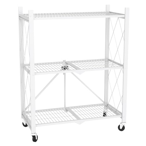 Image of black leopard 3-Tier Foldable Metal Storage Shelf with Wheels, White | Foldable Design; 85 lb Capacity per Shelf; Preassembled Frame; Lockable Casters; Reinforced Metal Construction