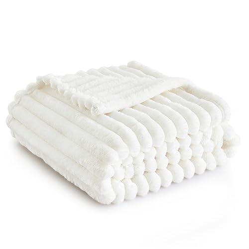 Bedsure Fleece Throw Blanket for Sofa - Fluffy Cosy Warm Blankets for Bed, Soft Cute Single Throw Gifts for Women and Girls, Off White, 130x170 cm
