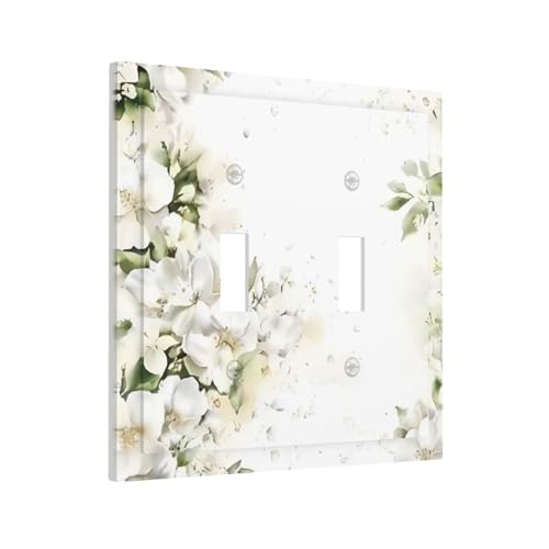 Decorative Switch Plate Covers Rustic Ink Green Leaves White Florals Flower 2 Gang Light Switch Cover Plate Unique Double Toggle Wall Plate Light Switch Covers for Bedroom Decor