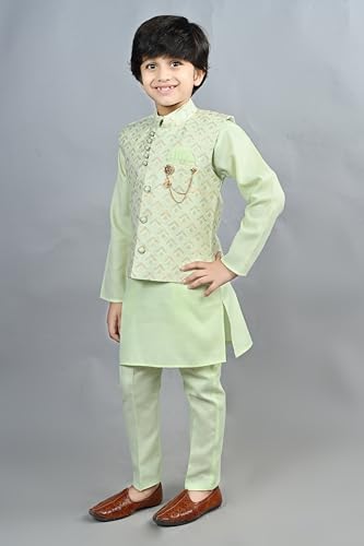 Image of AHHAAAA Kids Ethnic Cotton Blend Waistcoat Kurta and Pyjama Set for Boys