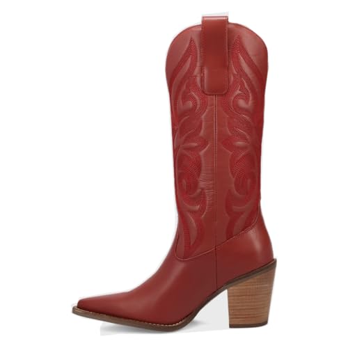 Dingo Womens Hensley Embroidered Snip Toe Pull On Casual Boots Mid Calf Mid Heel 2-3" - Red4