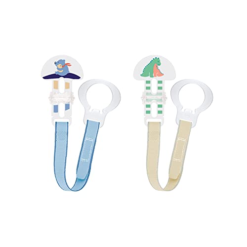 Image of MAM Pacifier Clips (2 Clips), Clips for Pacifiers With Fasteners and Flexible Rings, Pacifier Clips for Boys, Designs May Vary