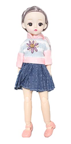 Image of Tickles Set Movable Jointed Cute Girl Brown Eyes Fashionable Doll with Pink Top and Blue Skirt for Kids Girls Birthday Gifts (Size: 30 cm Color: Blue & Pink)