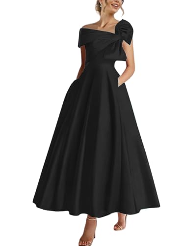 Satin Mother of The Bride Dress Tea Length Off The Shoulder A-Line Formal Prom Evening Gowns with Bow