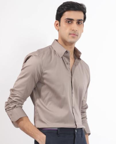 Image of Rare Rabbit Men Regular Fit Solid Beige Satin Long Sleeve Button Shirt