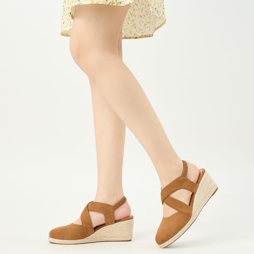 Image of HARENCE Espadrilles Wedge Sandals for Women: Comfortable Closed Toe Ankle Strap Elastic Shoes Summer Dressy Platform Heels