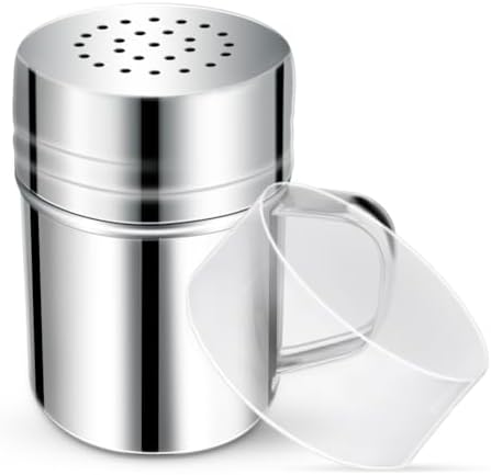 Stainless Steel Dredge Shaker Spice Shakers with Handle Powdered Sugar Shaker Pepper Shakers 6 Oz Metal Salt Shaker with Holes and Lid Fine Powder Shakers for Cinnamon Cocoa Flour Baking Seasoning