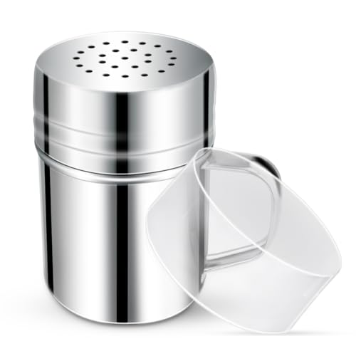 Stainless Steel Dredge Shaker Spice Shakers with Handle Powdered Sugar Shaker Pepper Shakers 6 Oz Metal Salt Shaker with Holes and Lid Fine Powder Shakers for Cinnamon Cocoa Flour Baking Seasoning