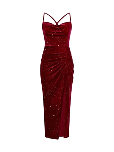 Floerns Girl's Elegant Velvet Cowl Neck Spaghetti Strap Cami Ruched Slit Party Long Dresses