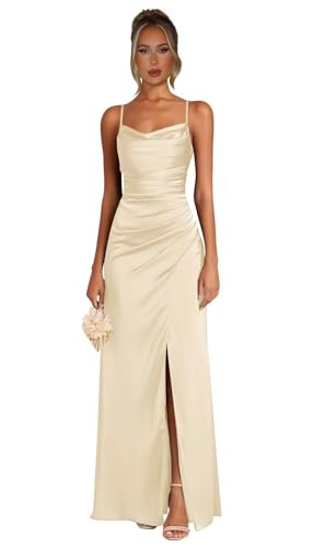Champagne Satin Formal Dresses for Women Cowl Neck Mermaid Wedding Guest Dress Spaghetti Strap