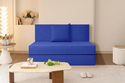 Image of Rosebell One-Person Foldable Sofa Cum Bed | Jute Fabric | 3x6 Ft | Lightweight & Comfortable with One Cushion | Perfect for Home & Office-Blue