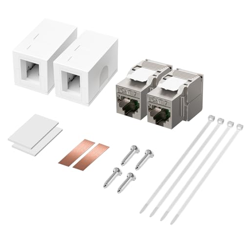 LEENUE 2X CAT 7 Geschirmt Aufputz Netzwerkdose inkl 2X vergoldet CAT7 RJ45 Keystone Jack Und 2-Port Keystone Jack Aufputzdose 10 Gbit/s 600MHZ Netzwerk LAN Aufputzdose Internetdose Set in Weiß