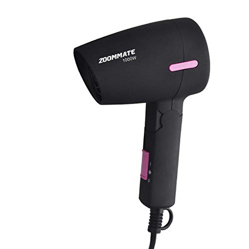ZOOMMATE Mini secador de pelo de viaje, 1000 W, mango plegable compacto, con bolsa, caliente y fresco, ajuste de 2 velocidades, protección de seguridad
