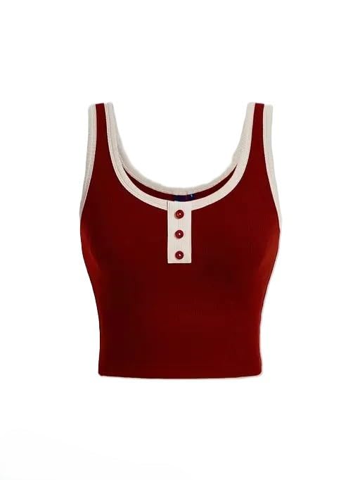 Women’s Ribbed Tank Top, Brown with Cream Trim, Button Placket, Fitted Crop Style