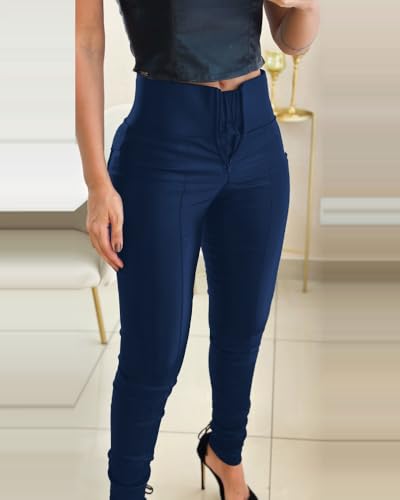 CHICME Women High Waist Zipper Closure Front Tummy Control PU Leather Pants Fleece Lined Tights Black Trousers (US, Alpha, Large, Regular, Regular, Blue)3