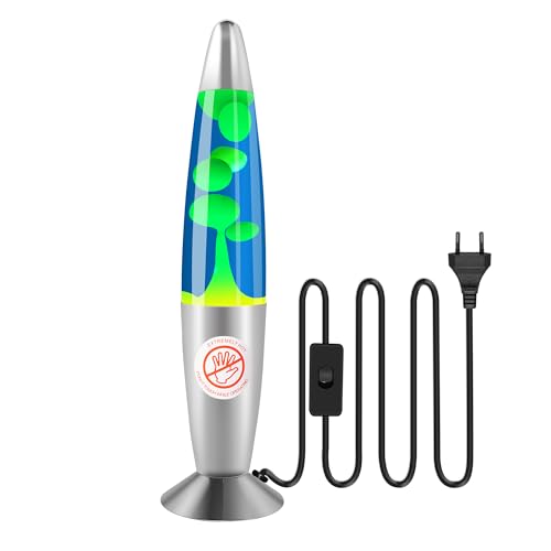 Ajacxet lámpara de lava azul y amarilla 34 cm – retro decorativa y relajante, cuerpo de aluminio y vidrio – para dormitorio y salón, regalo original – E14 R39 25 W, bombilla incluida