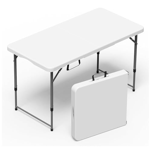 YOEVU - Mesa Plegable de Plástico 120cm | Altura Regulable, Diseño Maleta | Resistente y Portátil | Capacidad para 2-4 Personas | Ideal para Interiores y Exteriores | Blanco, Plástico