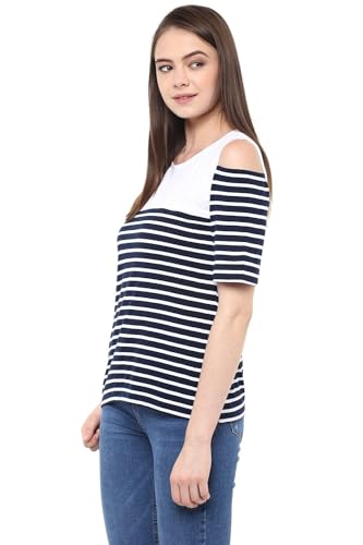 Image of Miss Chase Women's Navy Blue and White Round Neck Half Sleeves Striped Cold Shoulder Top