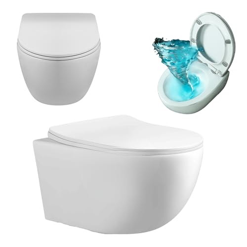 AquaUno Hänge WC spülrandlos Tornado Flush 360 - Rimless Toilette weiß aus Sanitärkeramik leise Spülung Soft-Close & Quick-Release Duroplast Sitz inkl. Montageset - Modell VELA TORNADO WHITE
