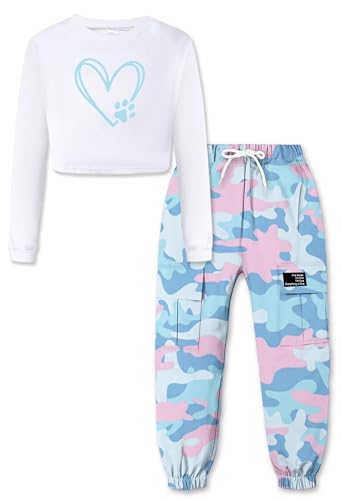 Image of SANGTREE Cute Clothes for Teen Girls, Long Sleeve Crop Tops Tee Shirts + Sky Blue Cargo Jogger Pants with Multi Pockets Elastic Waist,4-5T = Tag 120