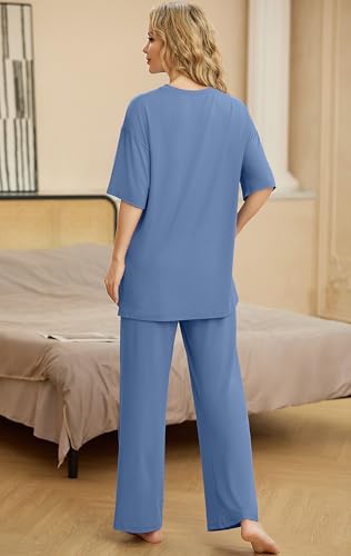 Image of PrinStory Womens Pajamas Sets 2 Piece Lounge Set Short Sleeve Tops and Long Pants Soft Pjs Loungewear with Pockets