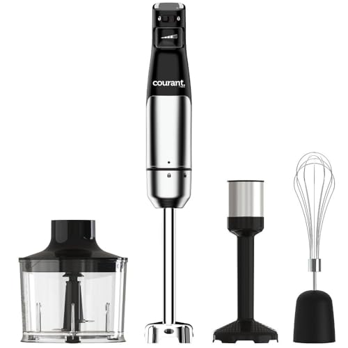 Courant Immersion Handheld Blender,4 in 1 400W Stick Blender, Variable Speed Stainless Steel Blades, Blending shaft Whisk,Chopper,Masher, Beaker Stainless Steel, LED Display